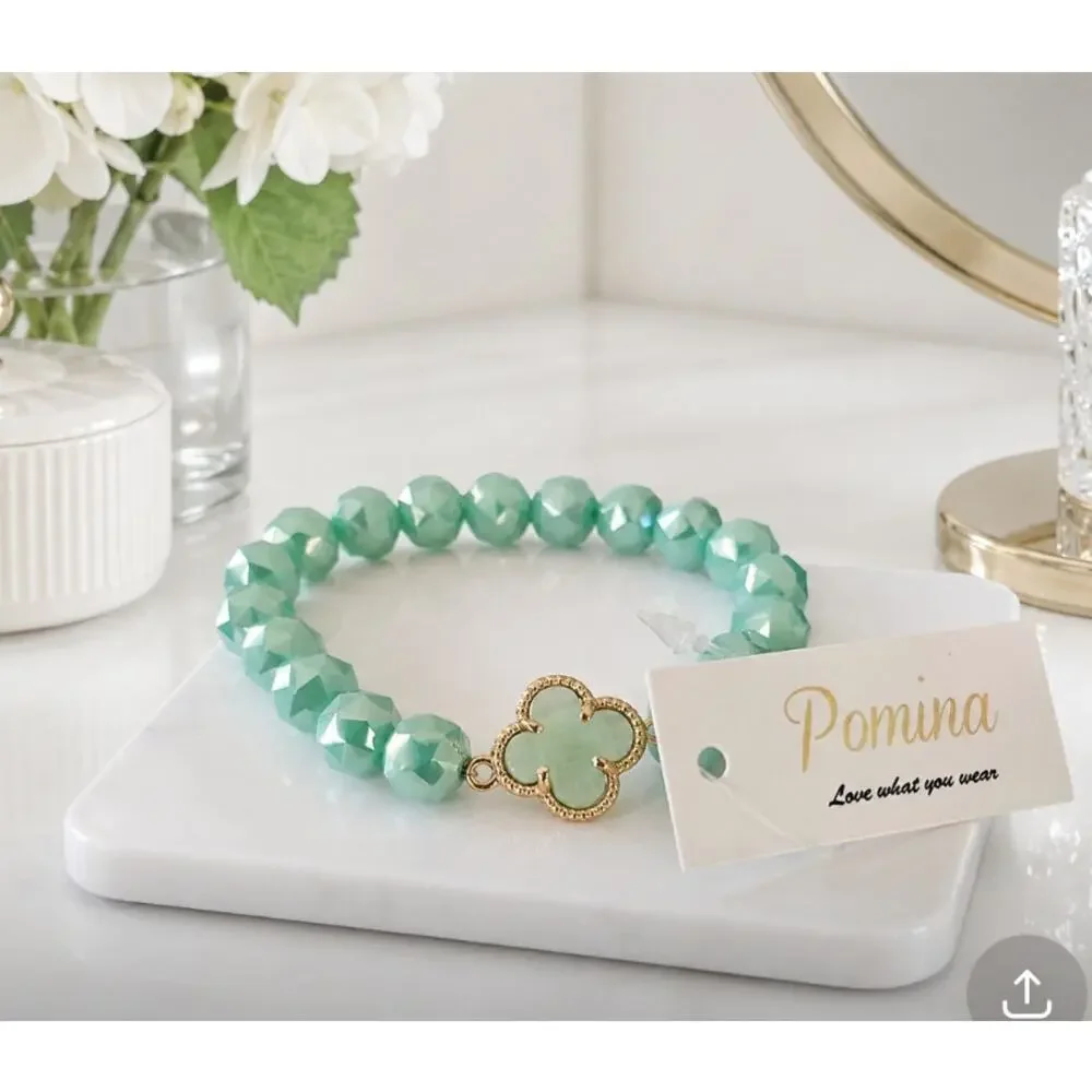 Pomina Crystal Mint Clover Stretch Bracelet New